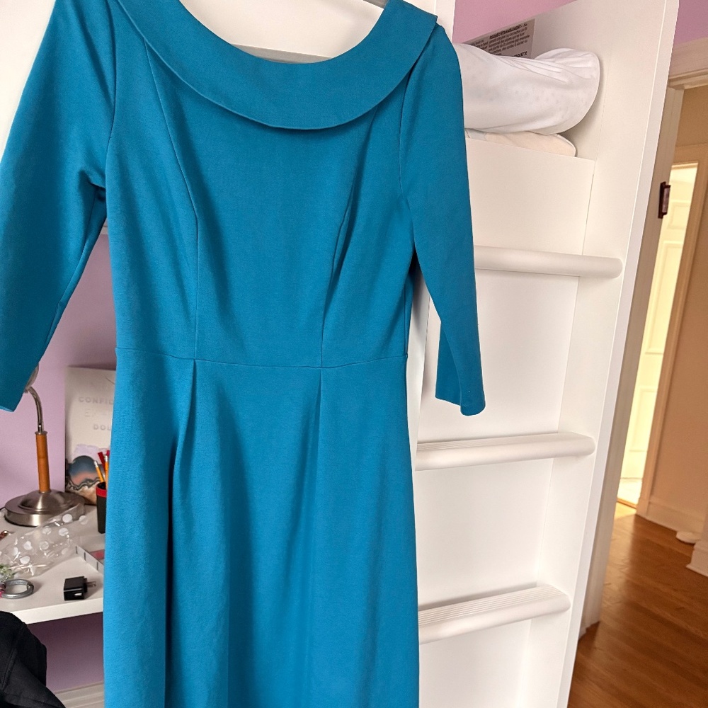 Boden Teal Bateau Collar Heavy Knit 3/4 Sleeve Midi Fit+Flare Dress--US10